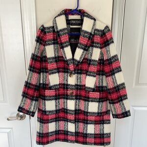 Talbots Brushed Plaid Coat in Red, White and Black, 2 Button Front, 2 Petite